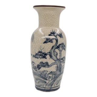 Mid 20th Century Bat Trang Crackle Glaze Stoneware Vase With Hand-Painted Cobalt Landscape Motif For Sale