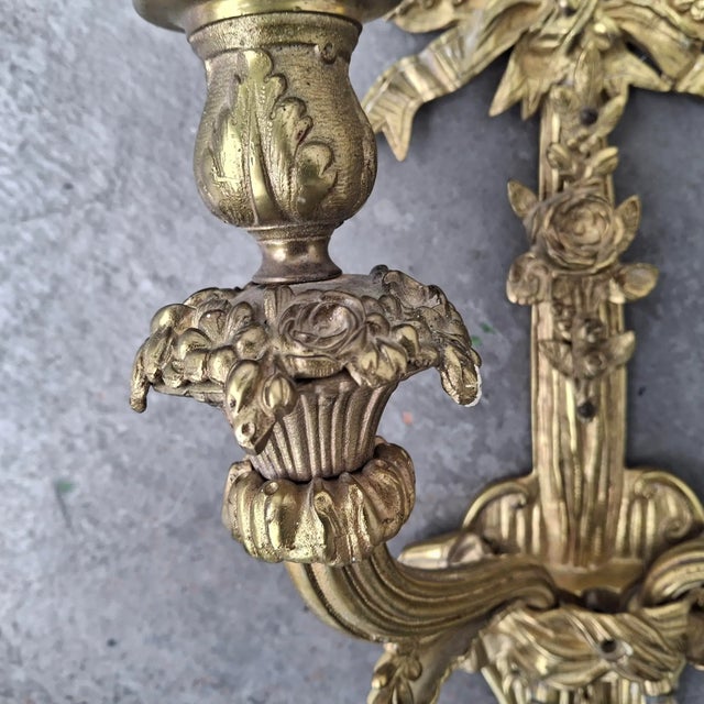 C1900 Antique French Louis XVI Gold Bronze Ribbon, Tassel, Fruit Detailed Wall Sconces Set of 4 For Sale - Image 16 of 18