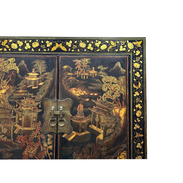 Black Vintage Chinese Black Golden Scenery Storage Armoire Wardrobe Cabinet For Sale - Image 8 of 9