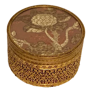 Round Gilt Metal Box With 18th Century Silk Brocade Fabric
