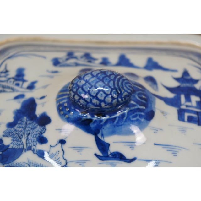 Antique Chinese Export Canton Blue White Serving Platter & Vegetable Tureens For Sale - Image 17 of 18