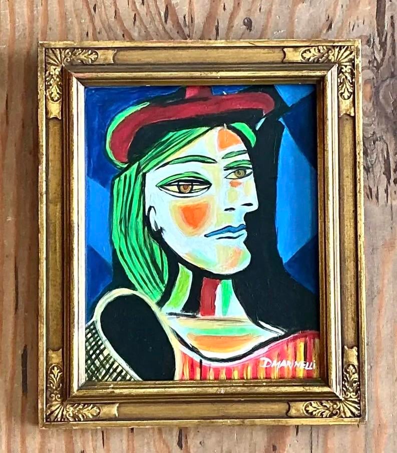 Vintage Cubist Figurative Oil on Board After Picasso - Top view