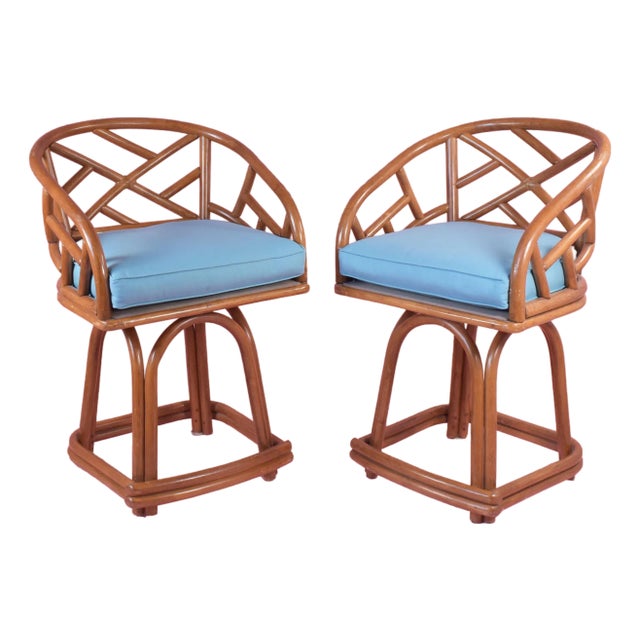 Pair of Rattan Fretwork Low Stools For Sale