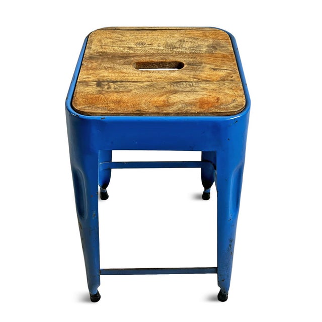 Farmhouse Vintage Industrial Blue Iron Stool For Sale - Image 3 of 7