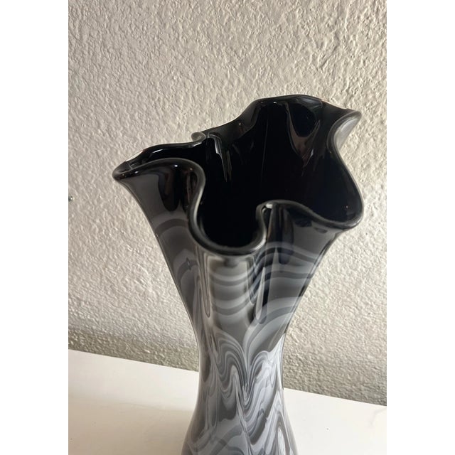 Murano Vintage Murano Style Hand Blown Black White Swirl Art Glass Vase For Sale - Image 4 of 4