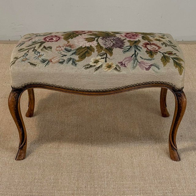 Antique Louis XV Walnut Footstool With Floral Needlepoint Upholstery For Sale - Image 4 of 9