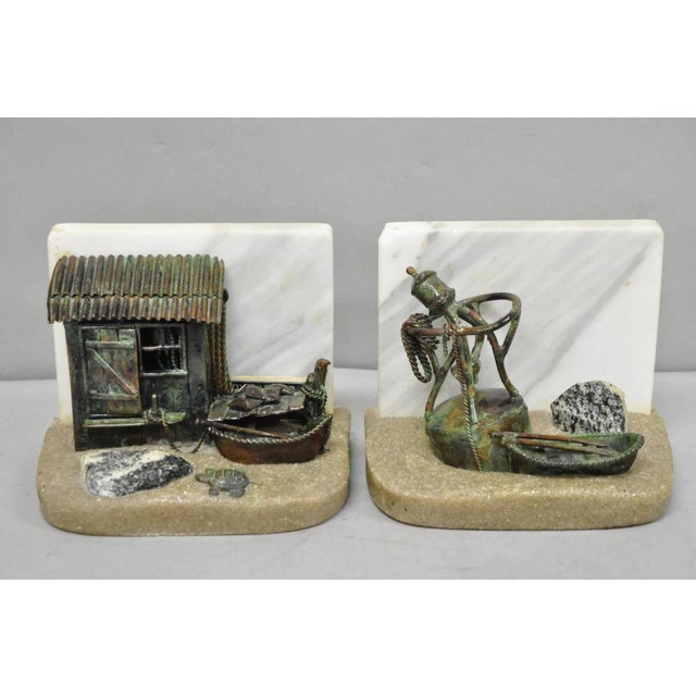 Mid 20th Century Curtis Clawson Mid Century Modern Brutalist Nautical Bronze & Marble Bookends For Sale - Image 15 of 15
