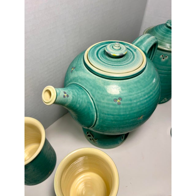 Contemporary Vintage Studio Art Pottery Tea Set: Teapot Warmer Mugs Lidded Jar Artist Signed- 10 Pieces For Sale - Image 3 of 11