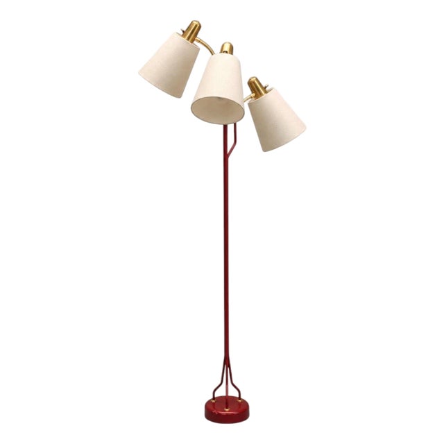 Eskilstuna Elektrofabrik, Floor Lamp, Red Lacquered Metal, Brass, Sweden, 1960s For Sale