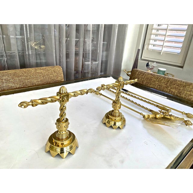 Late 20th Century Aesthetic English Brass Fireplace Andiron Set - 5 Pieces For Sale - Image 4 of 13