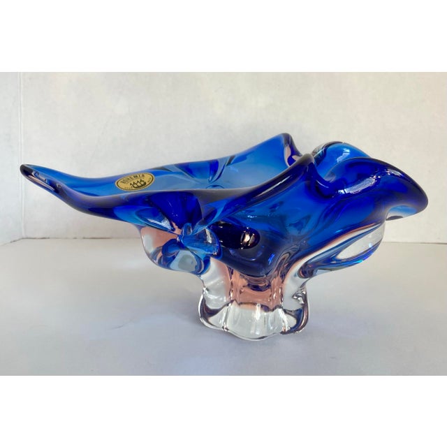 Vintage Bohemia Czech Cobalt Blue & Pink Art Glass Centerpiece Bowl For Sale - Image 11 of 11