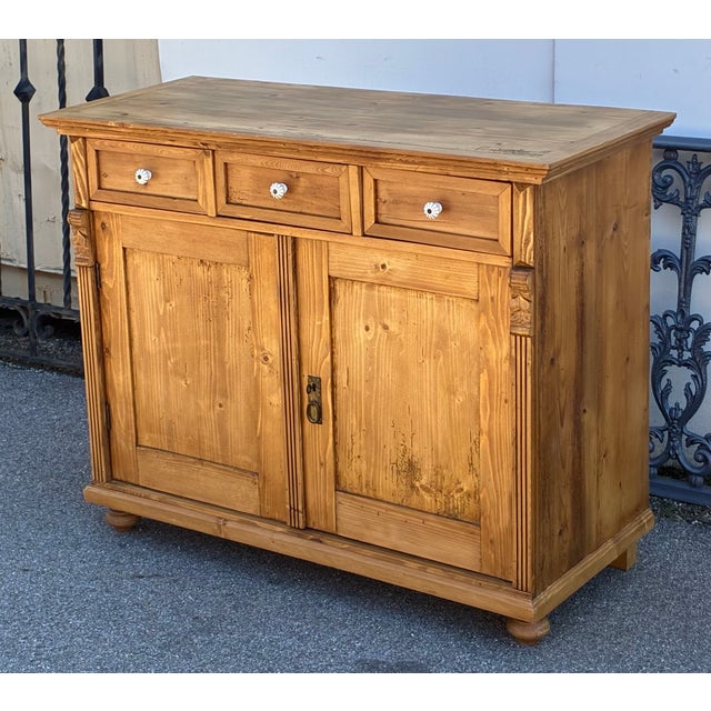 Rustic European Pine Two Door Three Drawer Dresser Base, Hungary For Sale - Image 3 of 18