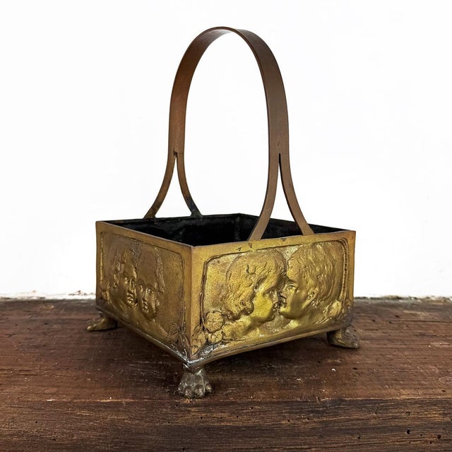 Antique Art Nouveau Brass Basket with Cherub Reliefs, 1890s For Sale - Image 4 of 10