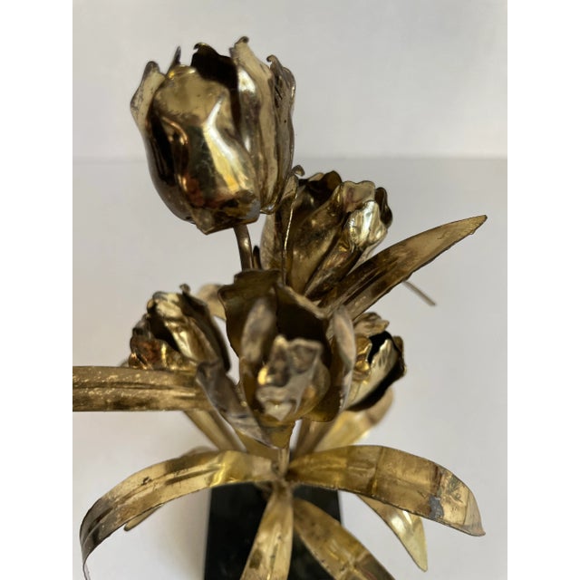 Metal Vintage Brutalist Petite Gold Metal Flower Art on Black Stand For Sale - Image 7 of 7