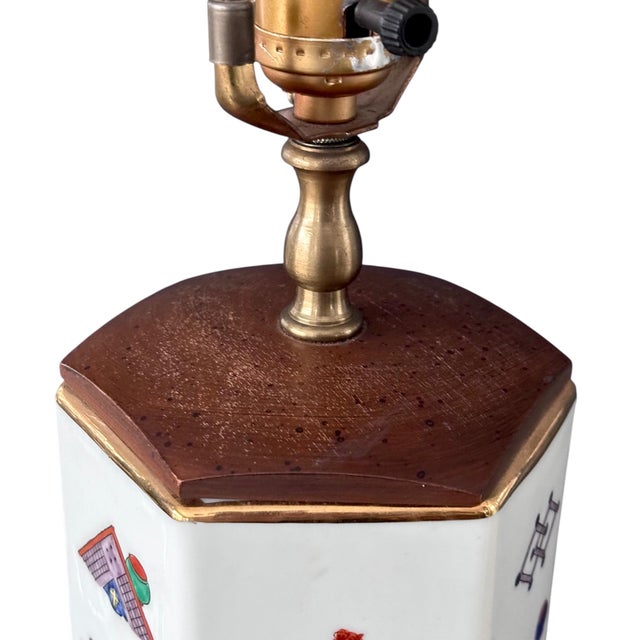 Vintage Chinese Porcelain Hexagonal Lamp With Famille Rose Motifs and Wood Accents For Sale - Image 4 of 11