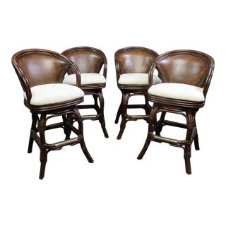 4 Contemporary Bamboo and Leather Bar Stools For Sale