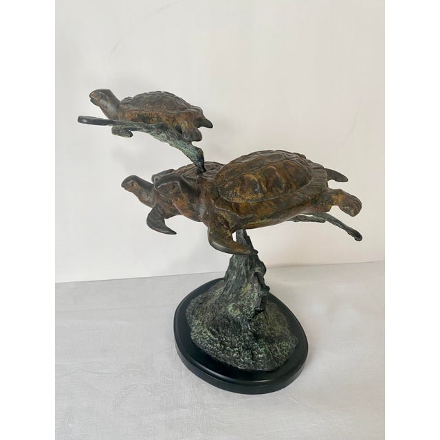 Metal Vintage Sea Turtle Trio Swimming Around Reef, Bronze Sculpture For Sale - Image 7 of 8