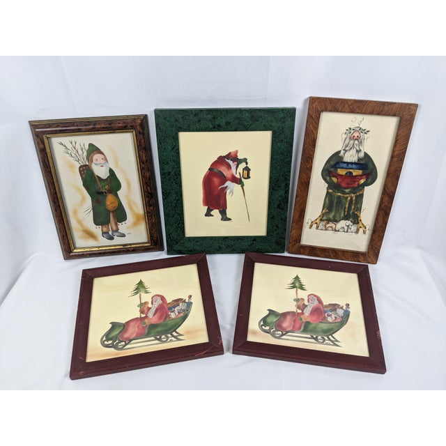Vintage Theorem-Style Folk Art Santa Claus Christmas Wall Art – Set of 5 For Sale - Image 13 of 16