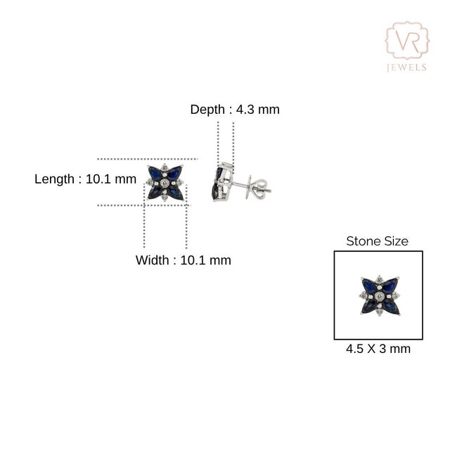 VRJewels 1.9Ct Blue Sapphire & Diamond Floral Stud Earrings in 14k White Gold- A Pair For Sale - Image 9 of 12