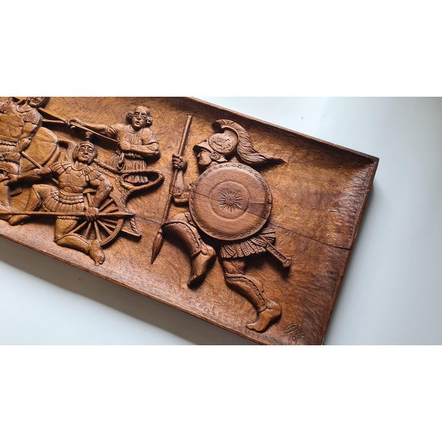 Large Hand-Carved Wooden Relief with The Walls of Troy Motif, Germany, 1956 For Sale - Image 6 of 15