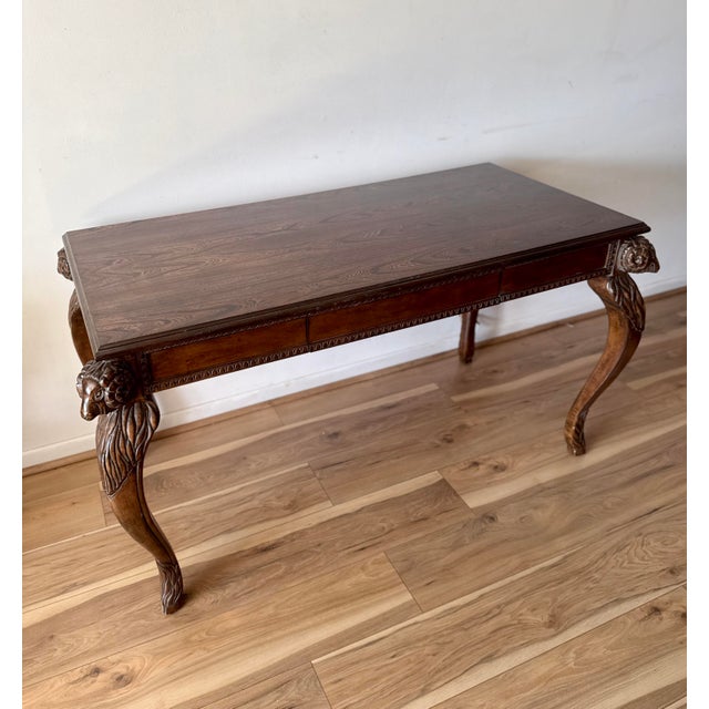 French Early 20th Century Walnut Writing Desk With Ram’s Head Carvings For Sale - Image 3 of 11