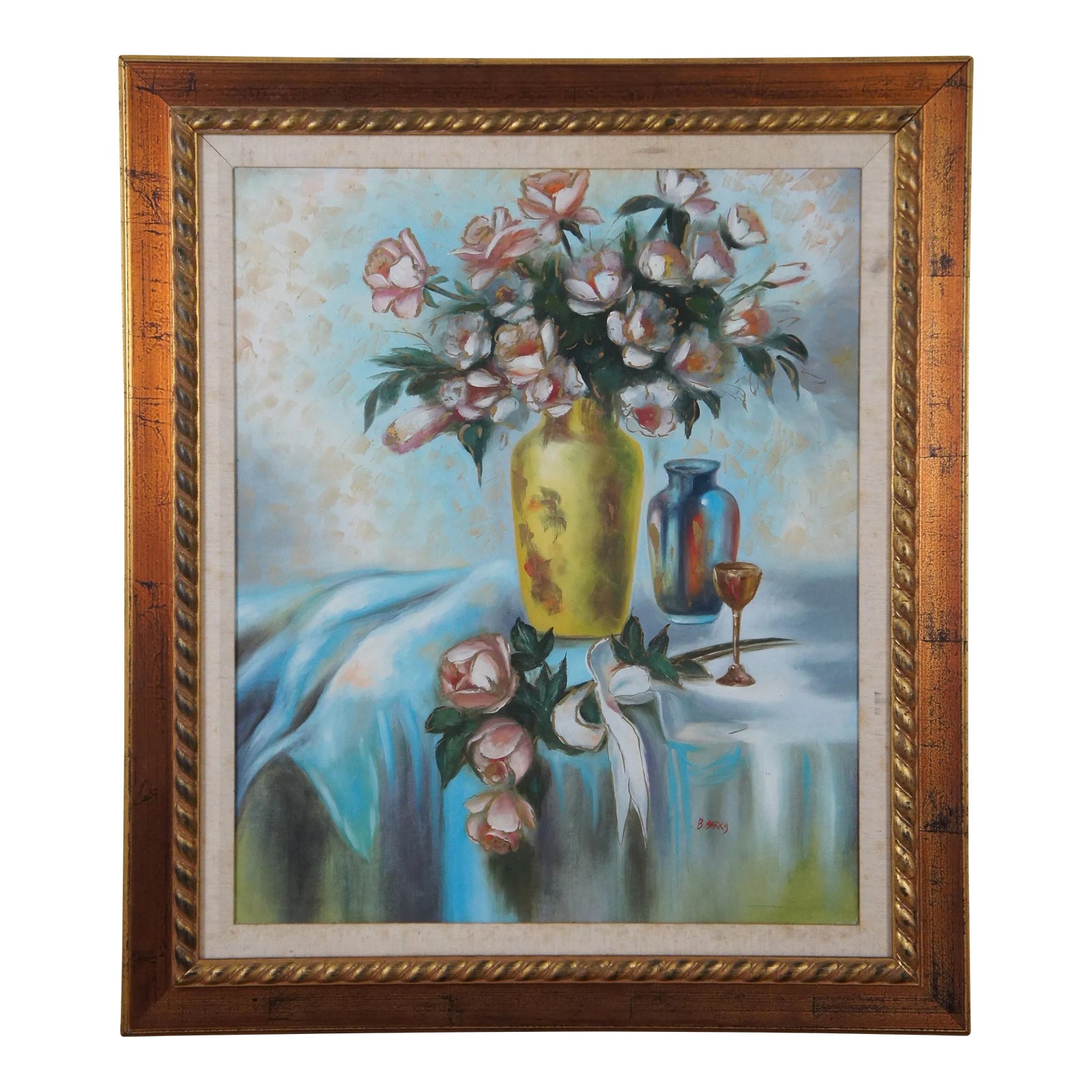 Mid 20th Century Vintage B. Barry Floral Vase of Roses Still Life Oil ...