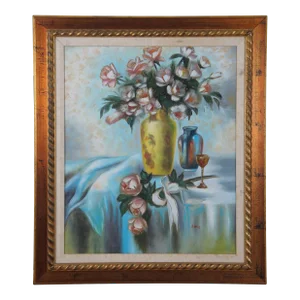 Mid 20th Century Vintage B. Barry Floral Vase of Roses Still Life Oil Painting on Canvas