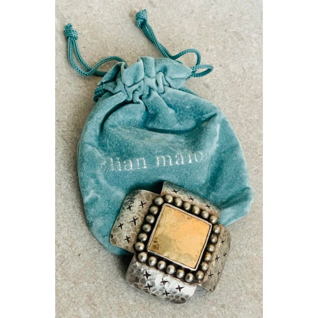 1980’s Dian Malouf Oxidized Sterling & 14k Gold Hammered ‘Signature’ Cross Pin/Brooch, With Beaded Silver Frame & Incised Cross Pattern For Sale - Image 12 of 12