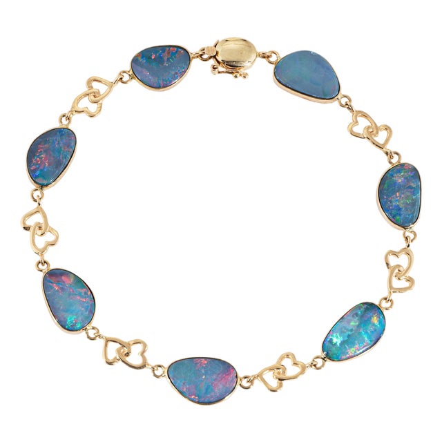 Vintage Australian Opal Bracelet 14k Gold Freeform Boulder Opals Heart Jewelry For Sale