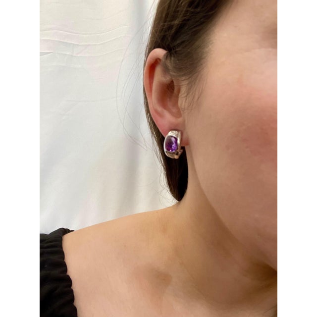 6 Carat Amethyst and Diamond 14 Karat White Gold Earrings, Omega Back For Sale - Image 14 of 18