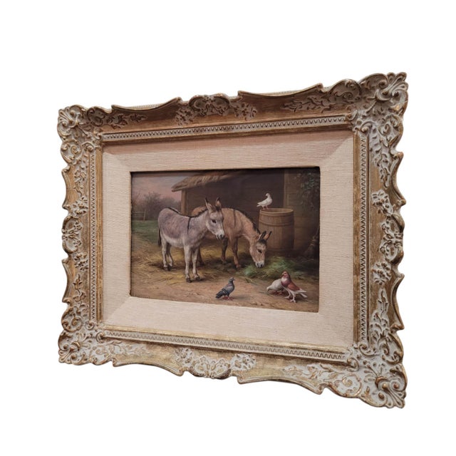 Victorian Edgar Hunt Oil Painting – Two Donkeys and Pigeons in Farmyard, 1929, Framed For Sale - Image 3 of 7