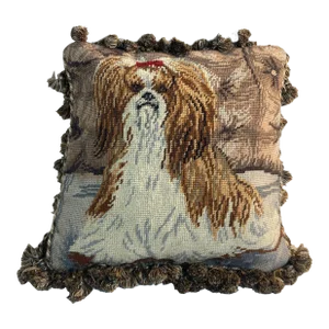 Vintage Throw Decorative Needlepoint Shih-Tzu Design Pillow