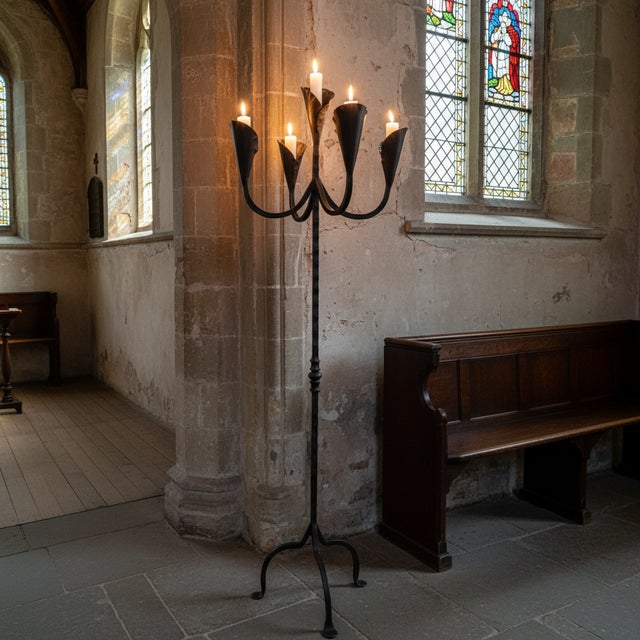 Hand Forged Iron Floor Candelabra 49″ (124cm) Antique Copper Patina 5-Arm Lily Cup Candle Holder Rustic Church Decor For Sale - Image 4 of 8