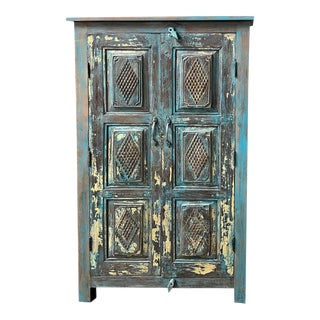 1920s Turquoise Antique Rustic Hallway Cabinet, 53x29 For Sale