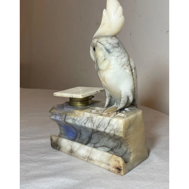 Italian Antique Italian Carved Figural Alabaster Stone Cockatoo Bird Inkwell Sculpture For Sale - Image 3 of 16