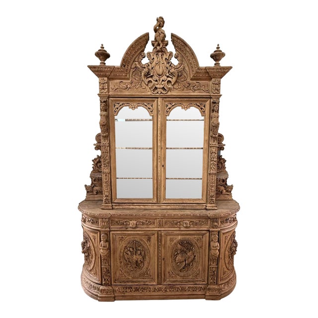 A Masterpiece French 19th Century Louis XIII Bleached Solid Oak Hunting Buffet or Bookcase For Sale