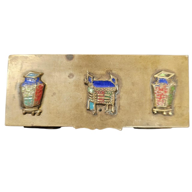 Early 20th-Century Chinese Brass Box With Applied Cloisonné Medallions (4.375"), Marked “China” For Sale - Image 9 of 14