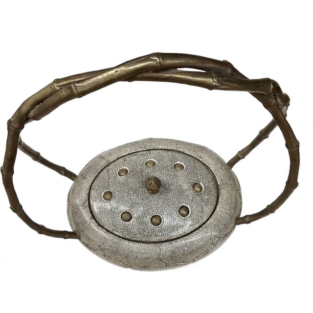 Ceramic Lidded Bowl with Brass & Bamboo Handles For Sale - Image 4 of 10