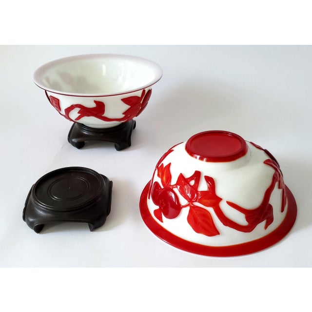 Pair of Antique Chinese Peking Glass Bowls With Carved Red Glass Overlay in the Style of Kangxi or Qing Dynasty. For Sale - Image 10 of 11