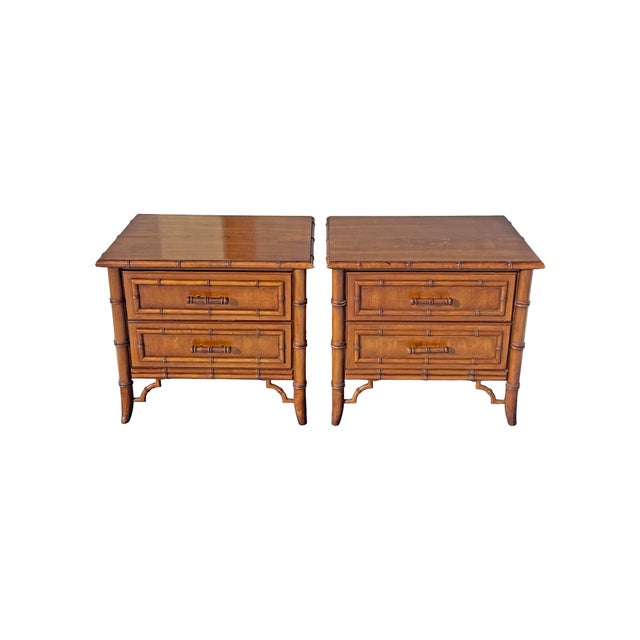 Brown Vintage Faux Bamboo Aloha Nightstands or End Side Tables by Thomasville, A Pair For Sale - Image 8 of 11
