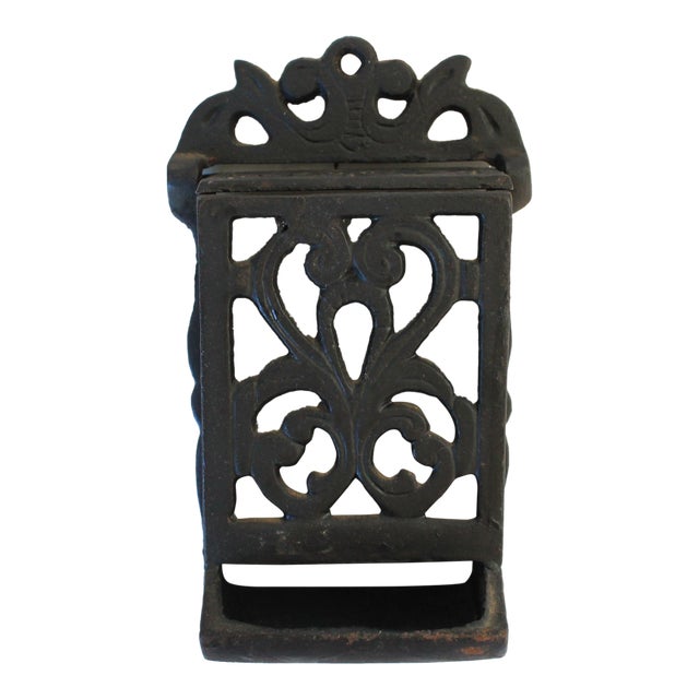 Vintage Cast Iron Wall Mounted Match Stick Holder For Sale
