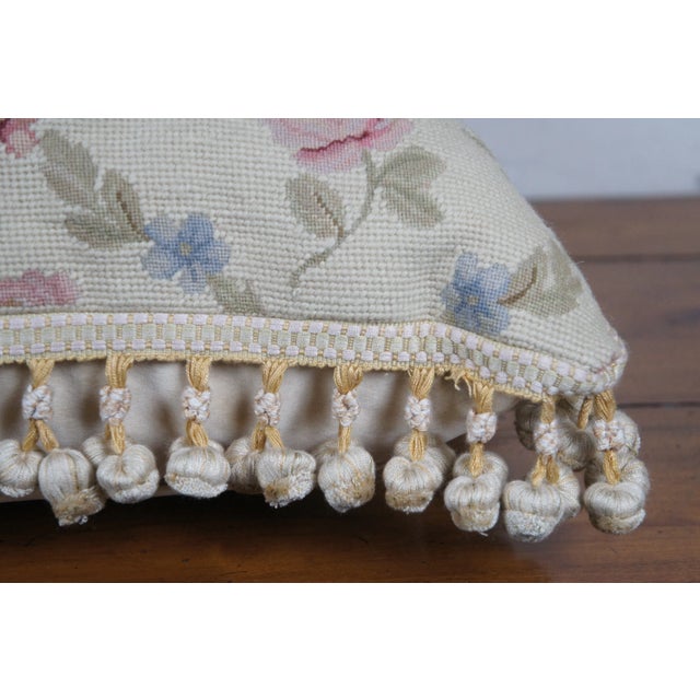 Mid 20th Century Down Filled Floral Crossed Roses Needlepoint Tassel Lumbar Throw Pillow For Sale - Image 6 of 10