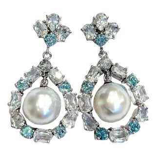 Bochic "Orient" Vintage Topaz & White Pearls Earrings Set 18K Gold & Silver For Sale