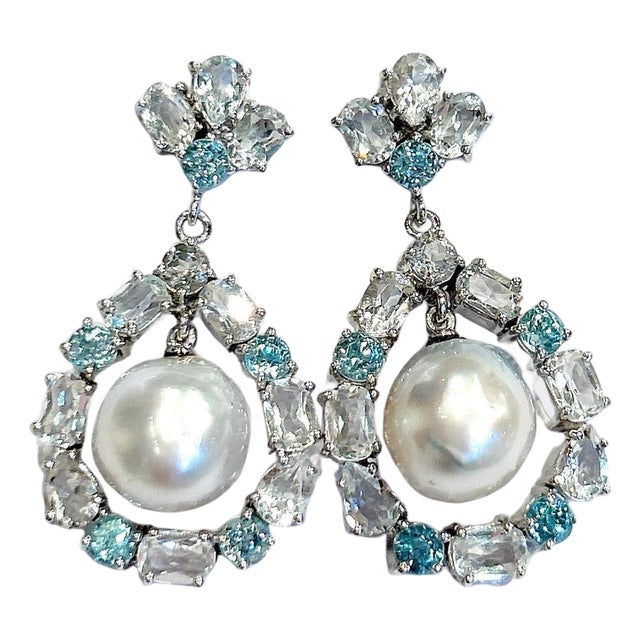 Bochic "Orient" Vintage Topaz & White Pearls Earrings Set 18K Gold & Silver For Sale
