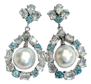Bochic "Orient" Vintage Topaz & White Pearls Earrings Set 18K Gold & Silver