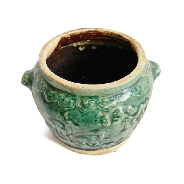 Boho Chic Antique Green Blue Ceramic Pot For Sale - Image 3 of 3