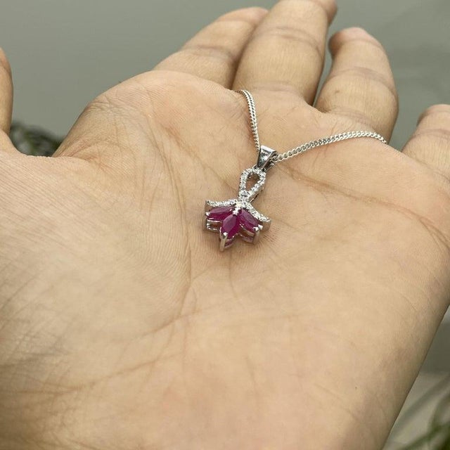 Gemstone Three Stone Marquise Ruby & Diamond Pave Bail Pendant in Sterling Silver - Carat and her For Sale - Image 7 of 15