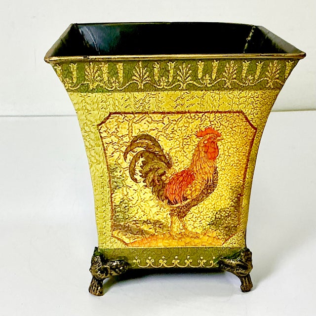 1980s Vintage Rustic European French Country Boho Chic Tole Metal Chicken Motif Planter. For Sale - Image 4 of 9
