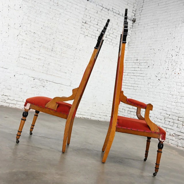Late 19th to Early 20th Century Oak Gothic Revival Ecclesiastical His & Hers Throne Chairs a Pair For Sale - Image 4 of 12