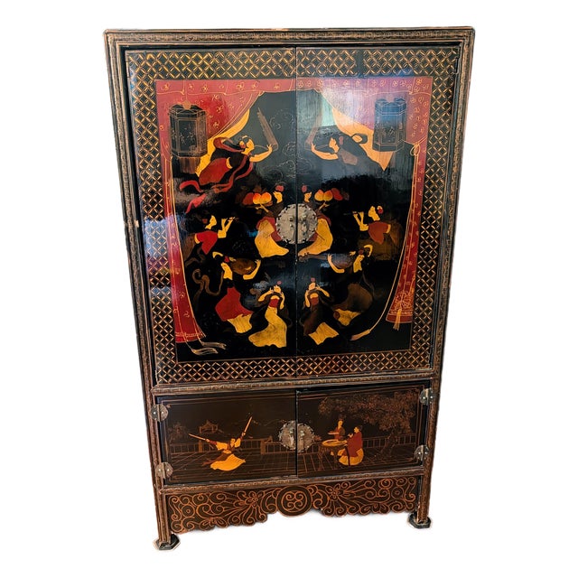 Vintage Chinese Chinoiserie Black Lacquer Armoire Cabinet For Sale